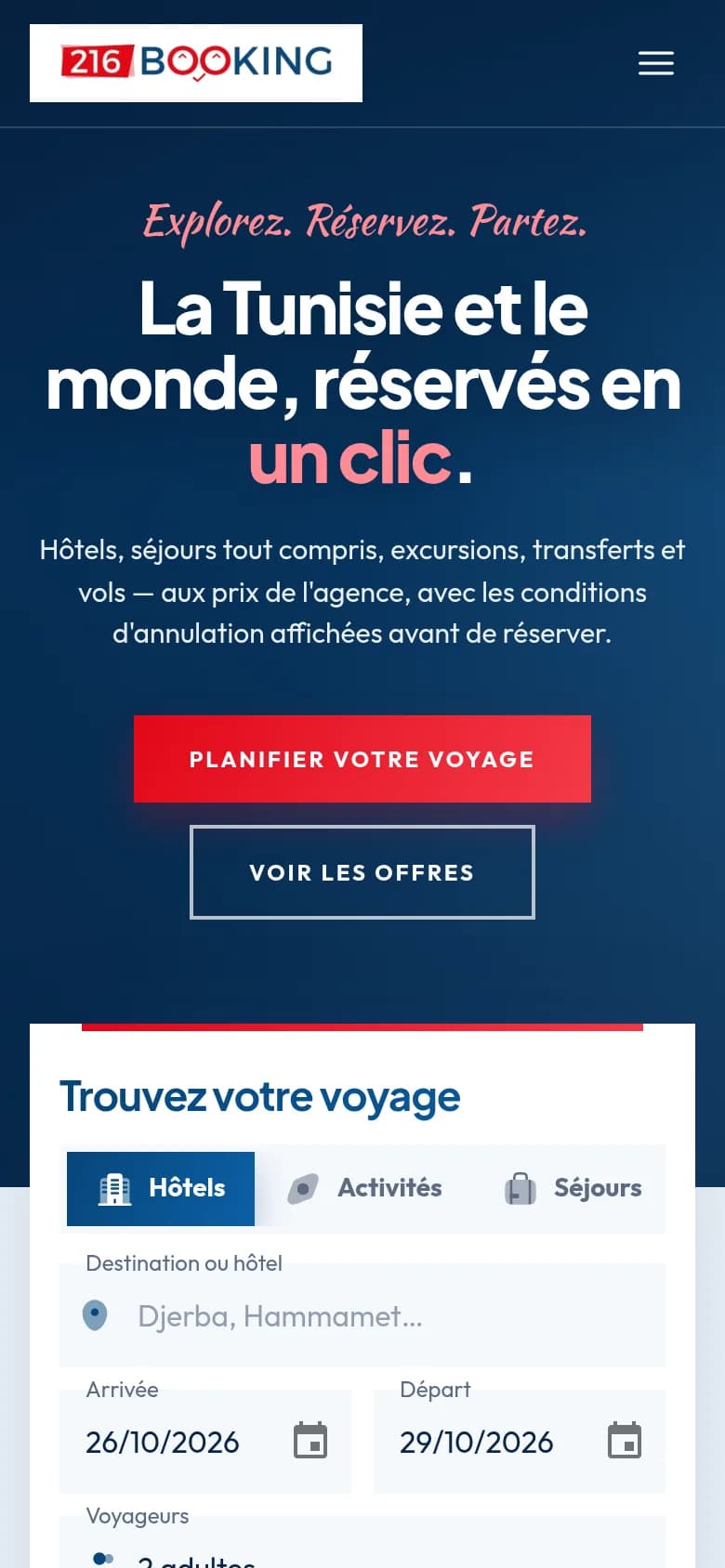 216Booking Travel — Accueil sur mobile
