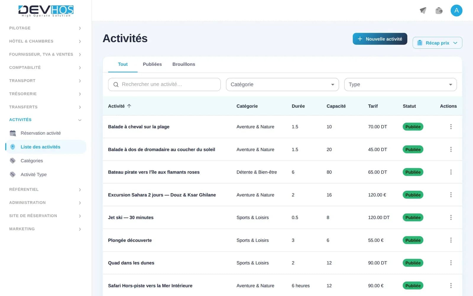 Devhost Travel — Activités