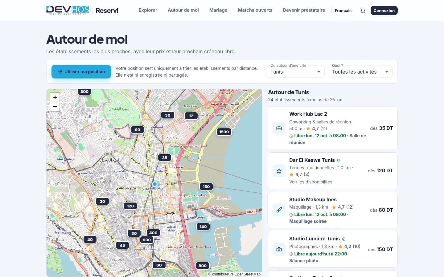 Reservi — Autour de moi — carte et prochain créneau libre