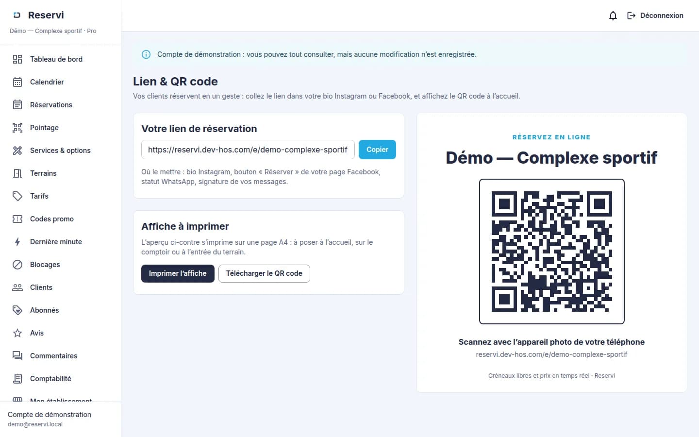 Reservi — Lien de réservation et affiche QR code