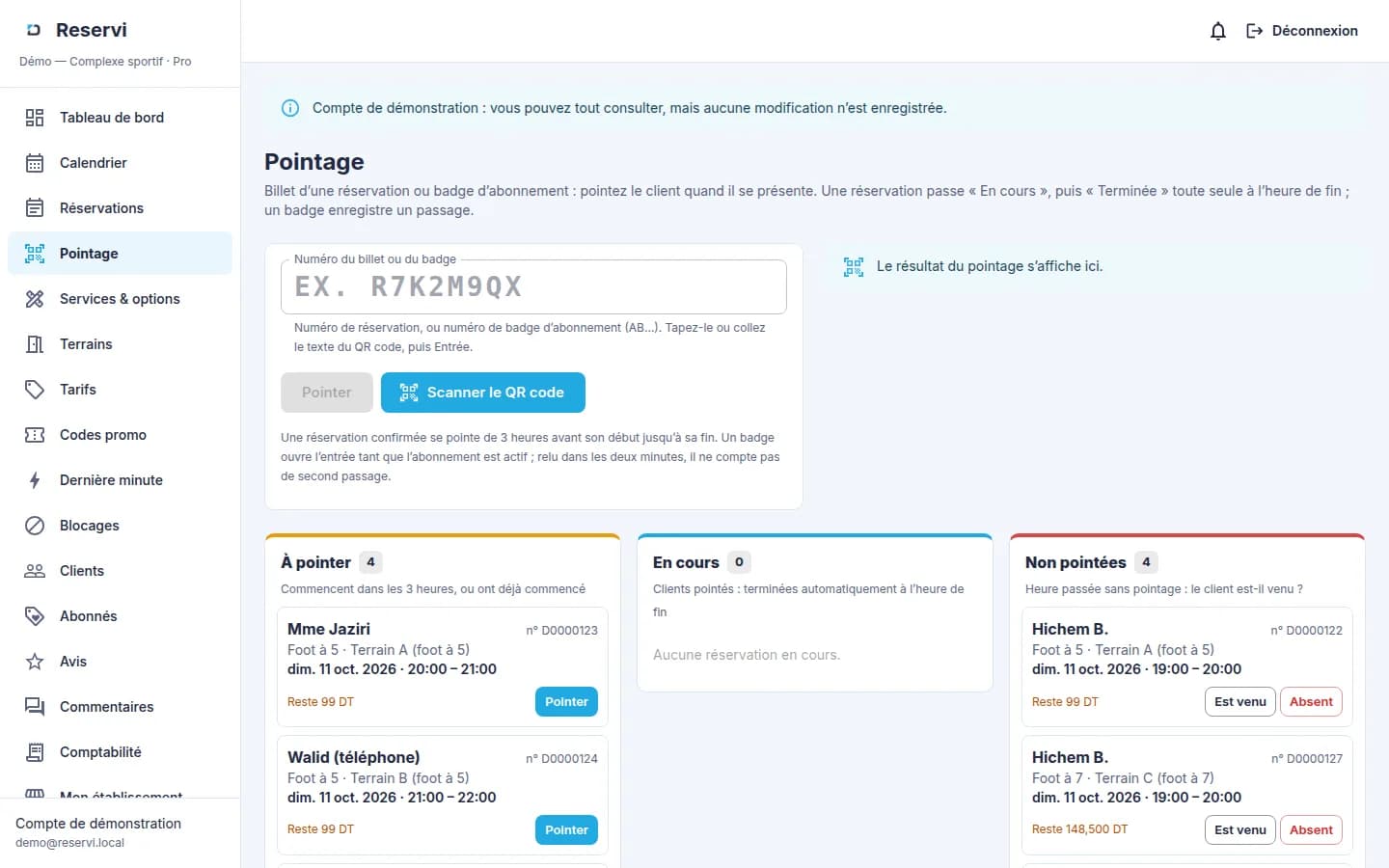 Reservi — Pointage par QR code