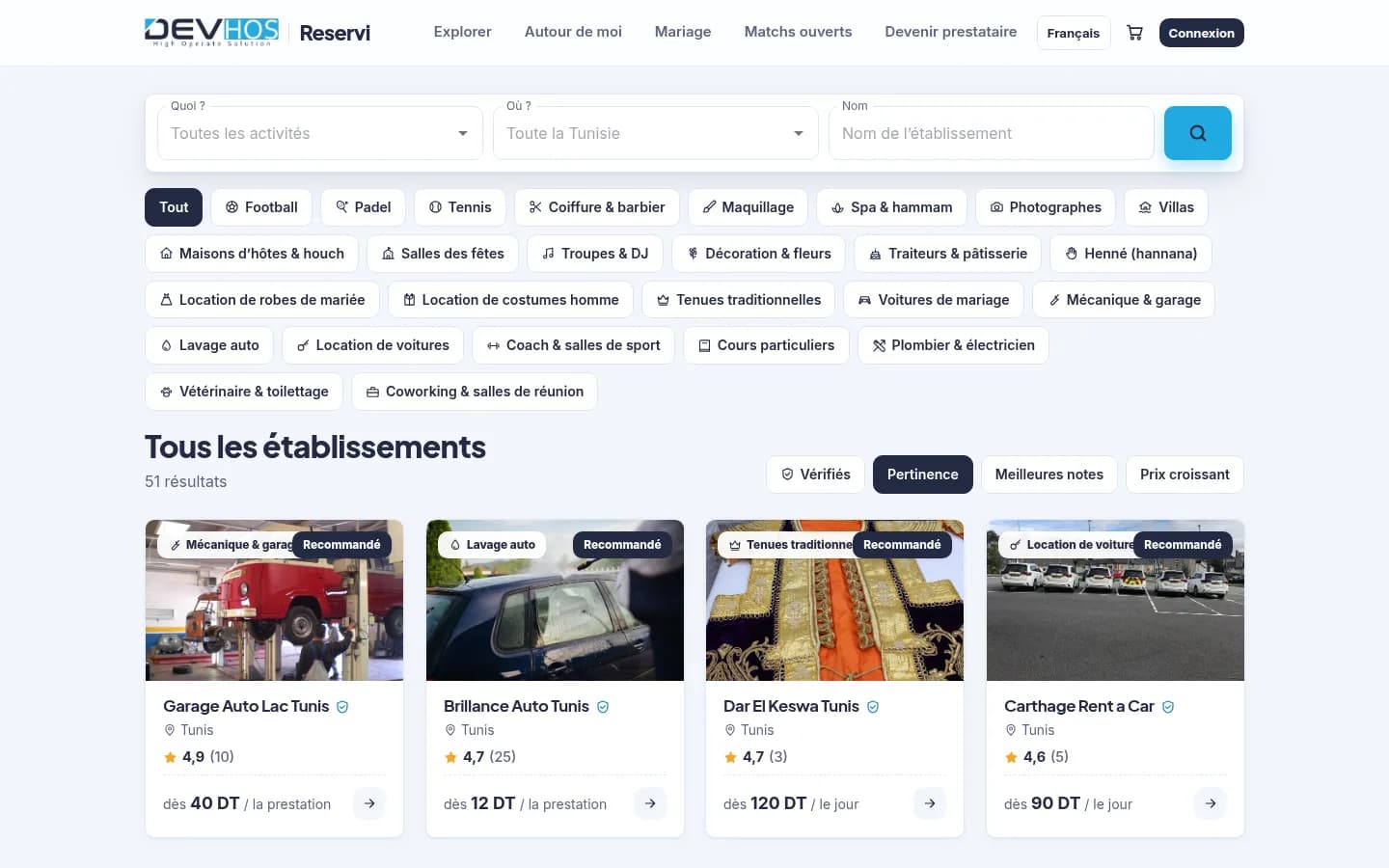 Reservi — Recherche par activité et par ville