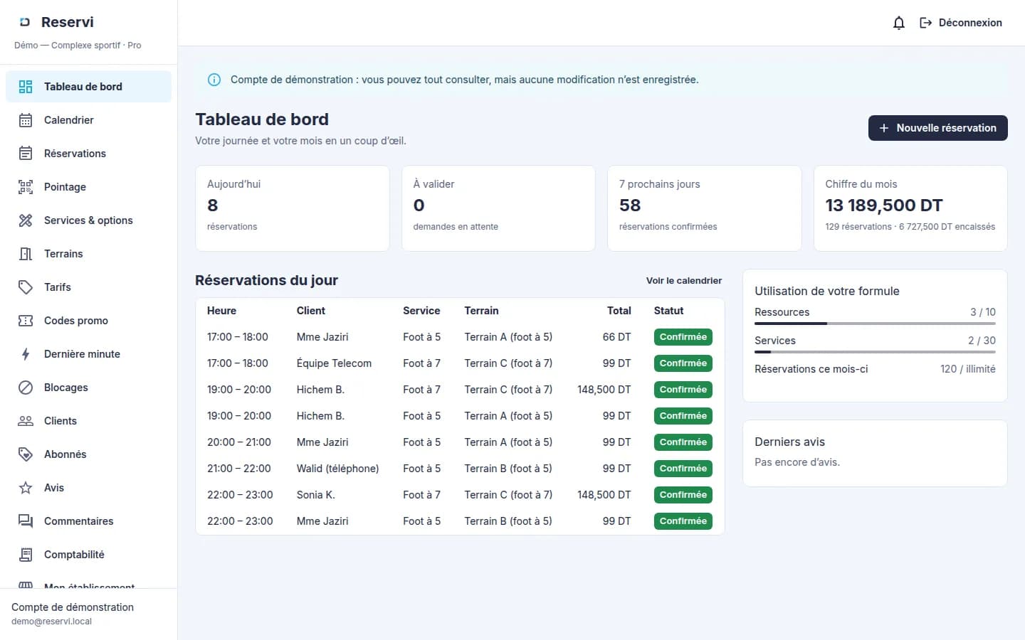Reservi — Espace prestataire — tableau de bord