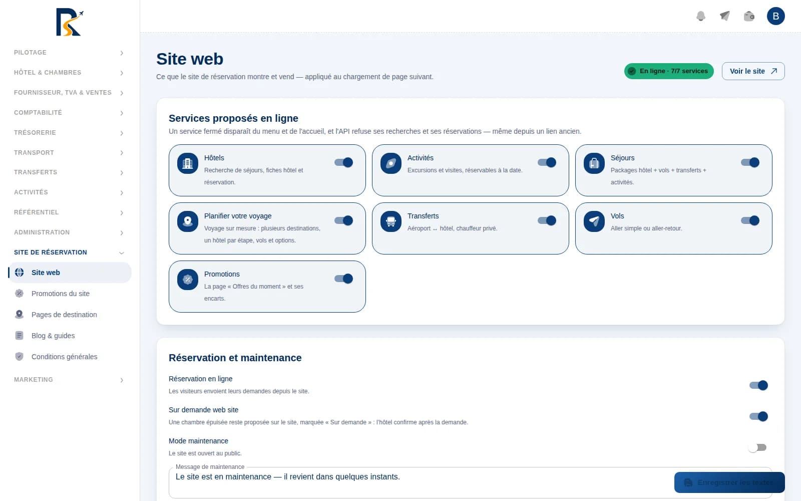 Room Select Services — Pilotage du site web